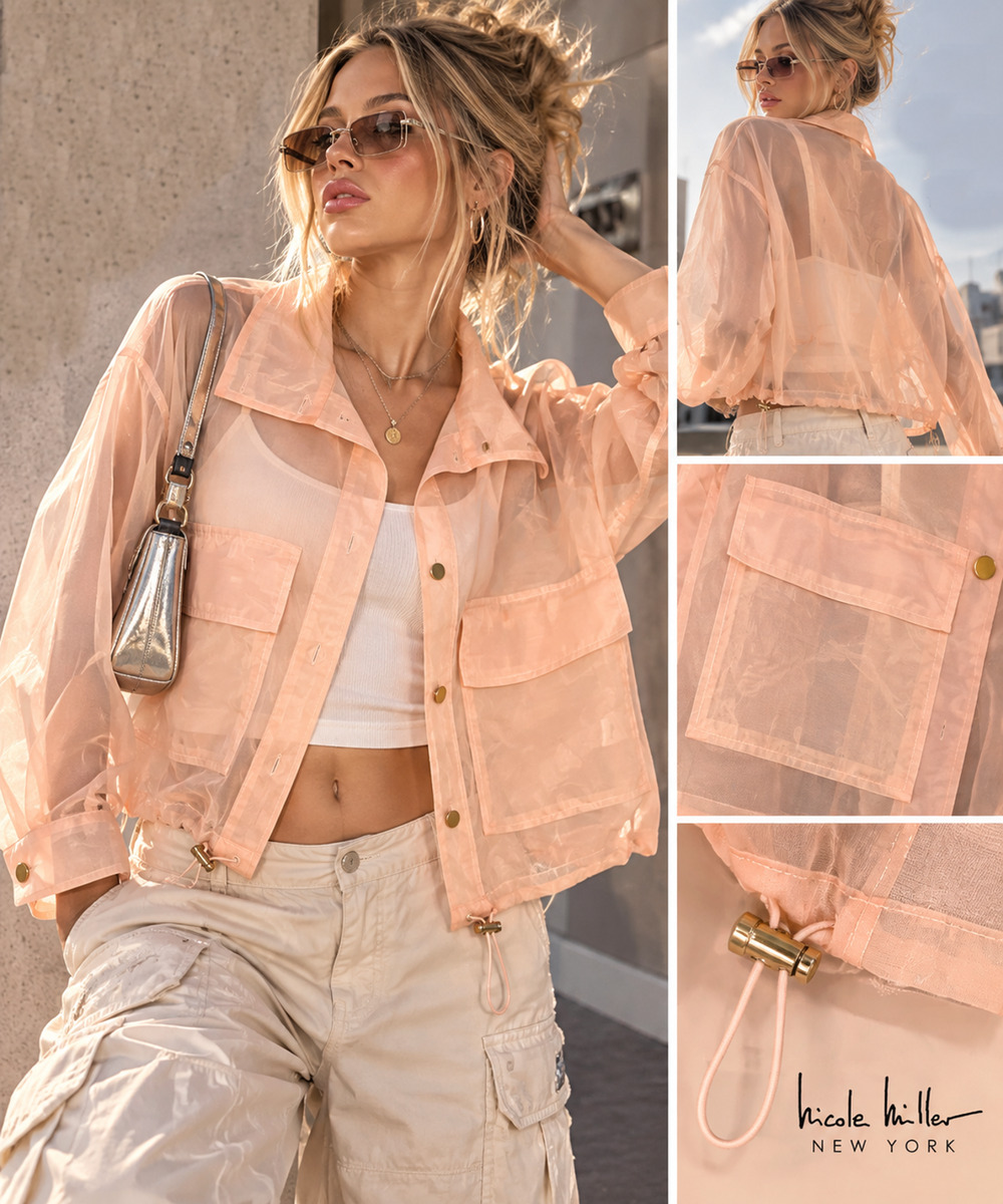Vintage Y2K Nicole Miller Sz M Peach Sheer Organza Utility Top Cargo Pockets